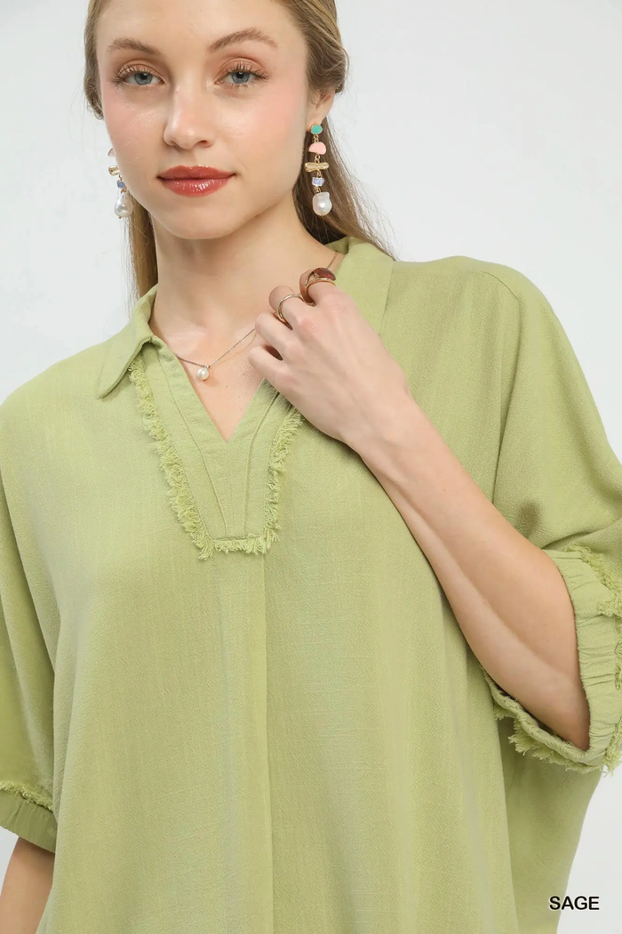 Sage Green Frayed Edge Linen Top