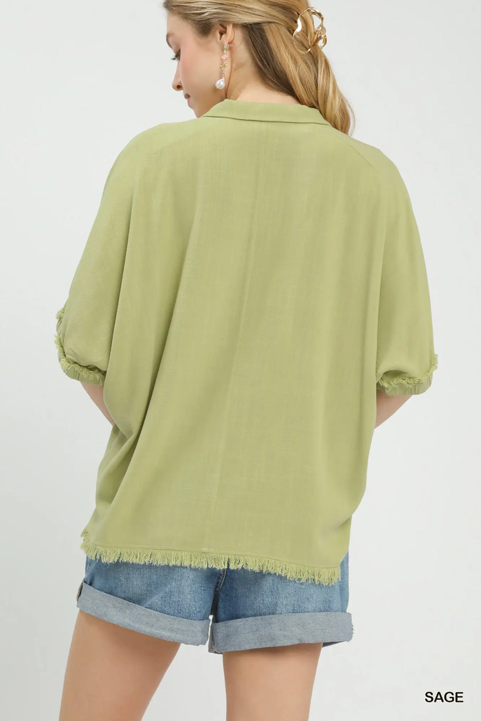 Sage Green Frayed Edge Linen Top