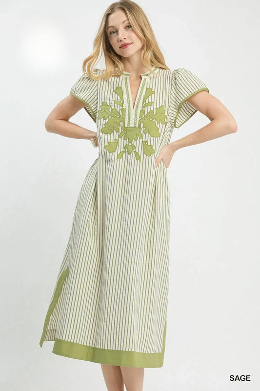 Sage Pinstripe Appliqué MIdi Dress