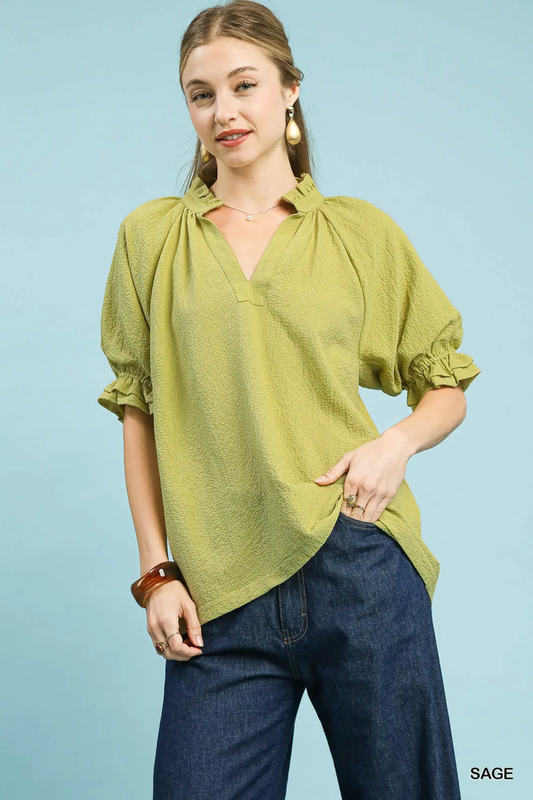 Sage Serenade Ruffle Collar Top