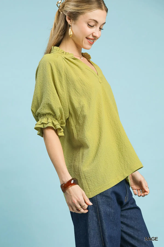 Sage Serenade Ruffle Collar Top