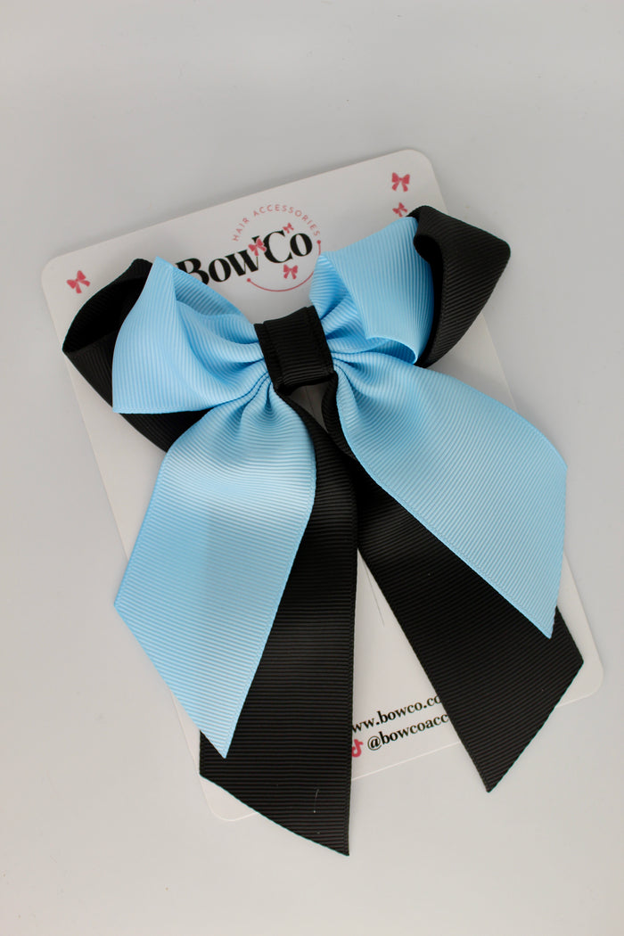 School Bow - Black and Blue Topaz - Loop Tail Hair Bow - Clip
