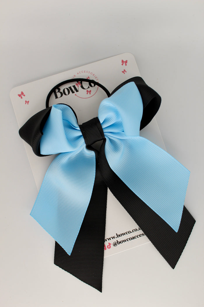 School Bow Black and Blue Topaz - Loop Tail Bow - Elastic