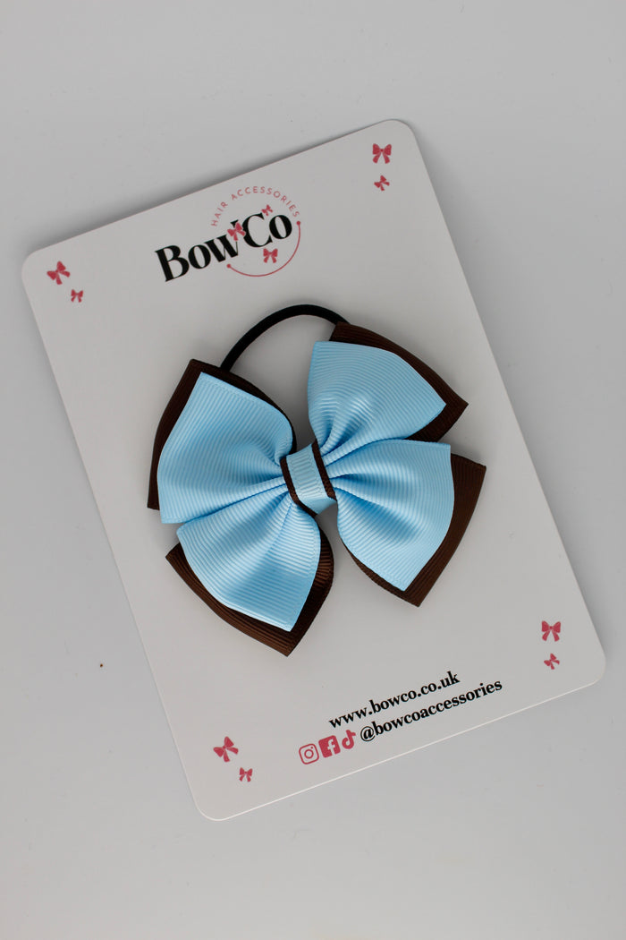 School Bow Blue Topaz and Brown - Layer Edge Bow - Elastic