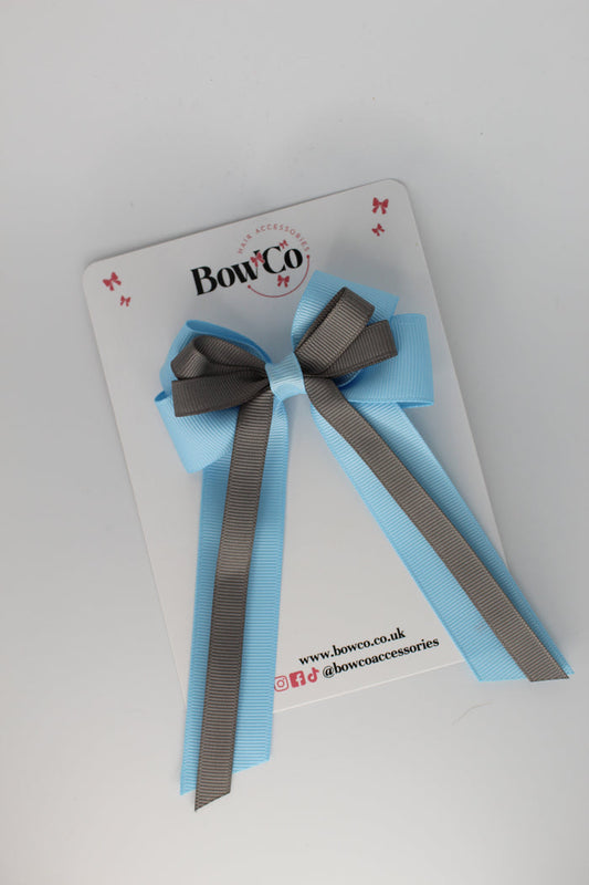 School Bow Blue Topaz and Metal Grey - Loop Bow Tail Clip