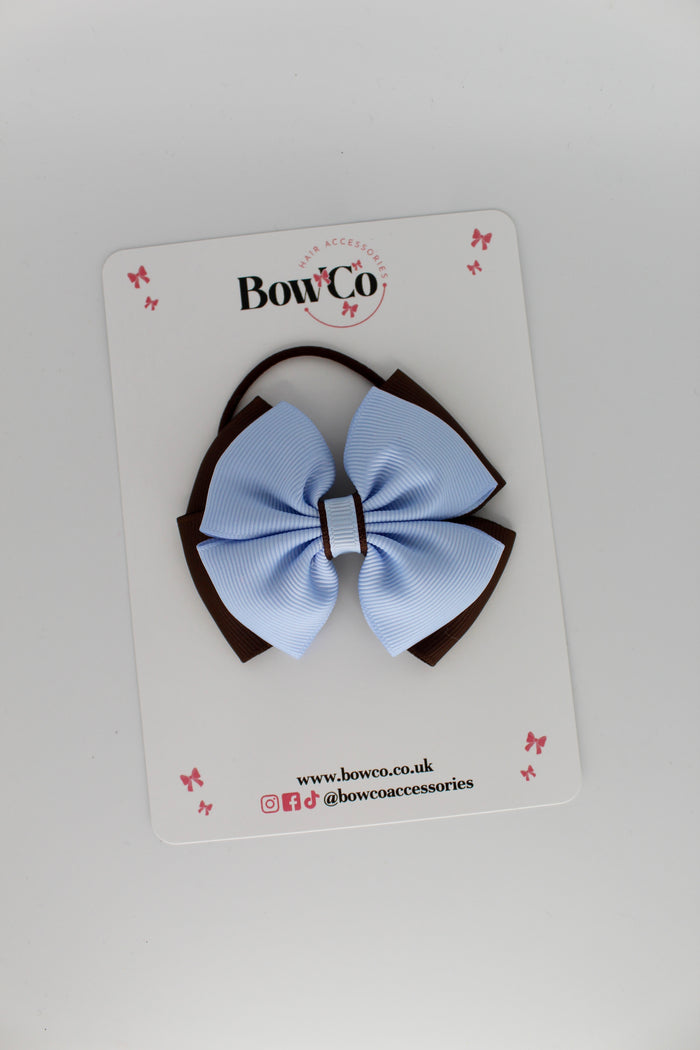 School Bow Bluebell and Brown - Layer Edge Bow - Elastic