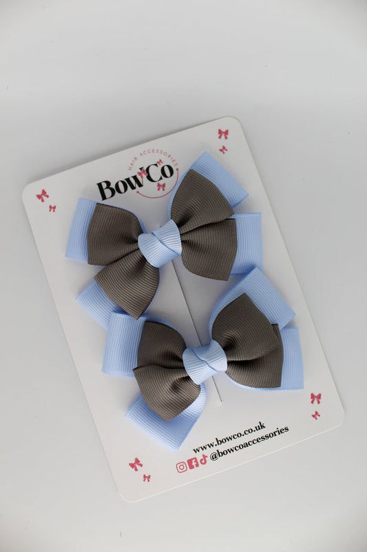 School Bow Bluebell and Grey - Layer Bow Set - Clip