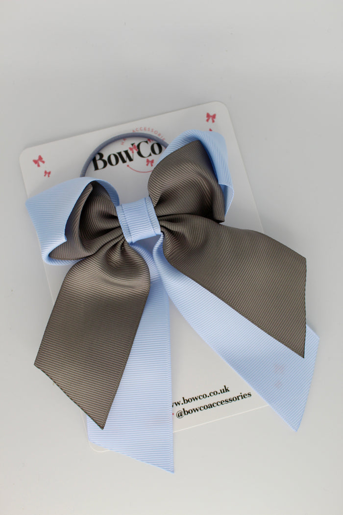 School Bow Bluebell and Grey - Loop Tail Bow - Elastic