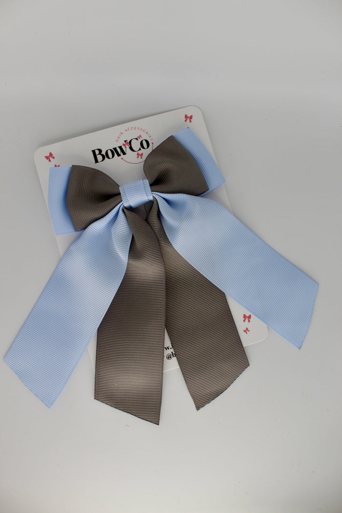 School Bow Bluebell and Metal Grey - Double Layer Tail Bow - Clip