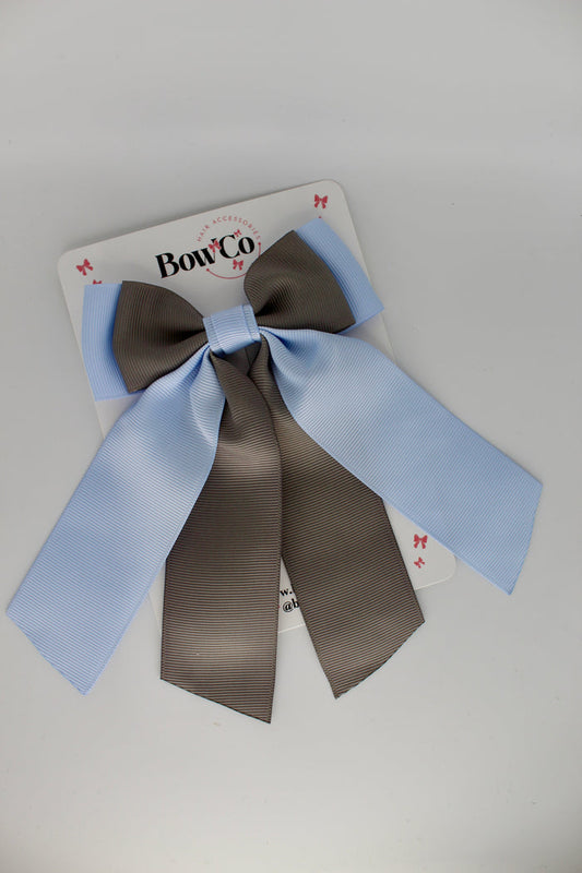 School Bow Bluebell and Metal Grey - Double Layer Tail Bow - Clip