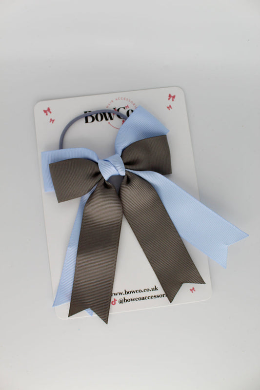 School Bow Bluebell and Metal Grey - Double Ribbon Tail – Elastic
