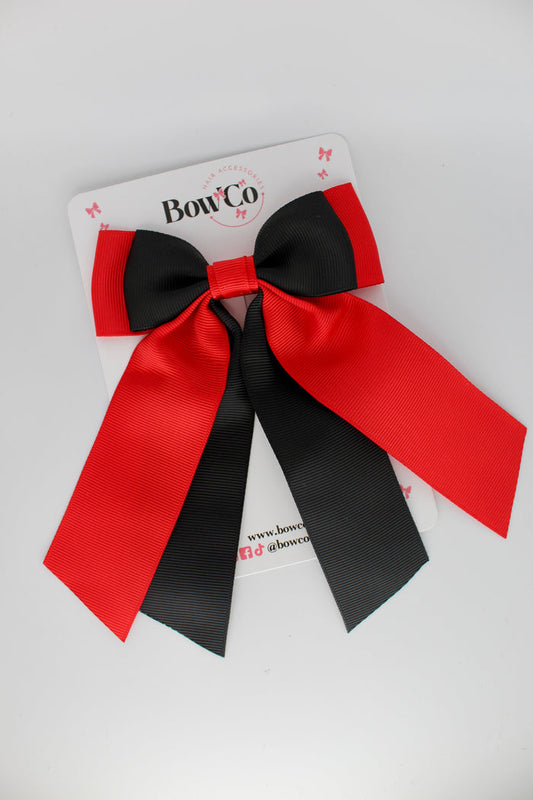 School Bow Red and Black - Double Layer Tail Bow - Clip