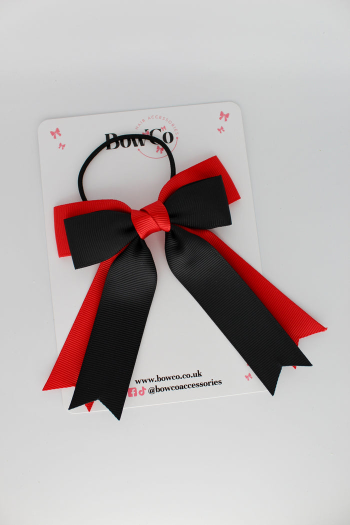 School Bow Red and Black - Double Ribbon Tail - Elastic