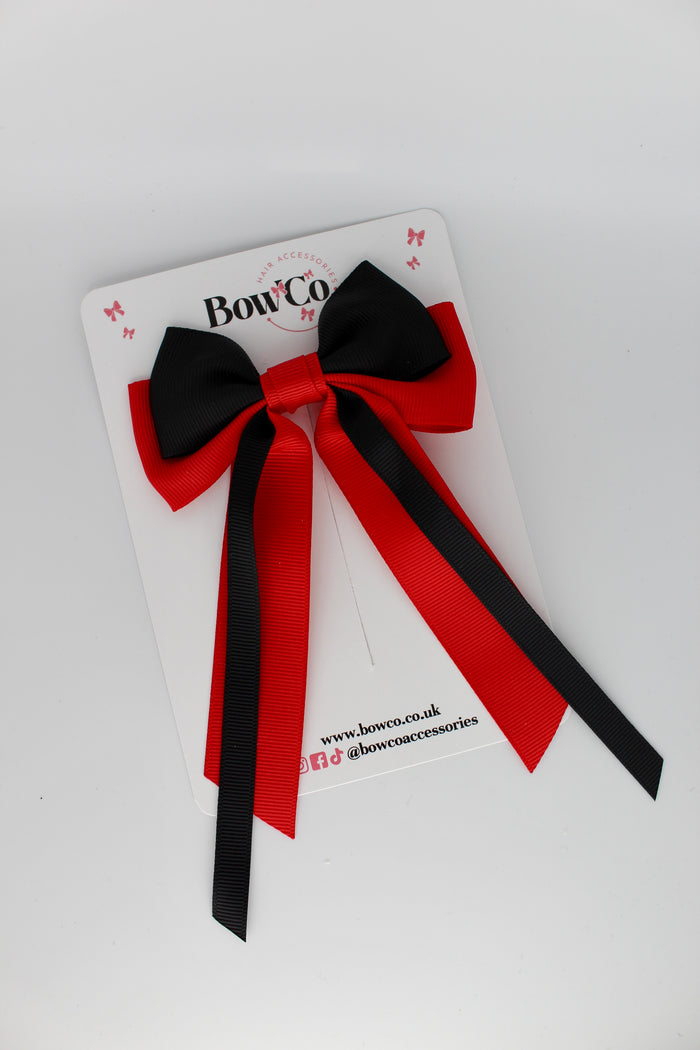School Bow Red and Black Streamer Tail Bow - Clip
