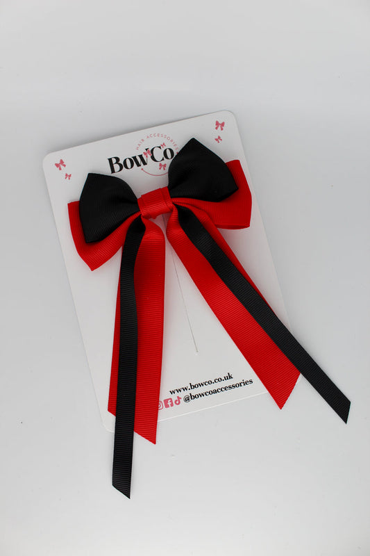 School Bow Red and Black Streamer Tail Bow - Clip