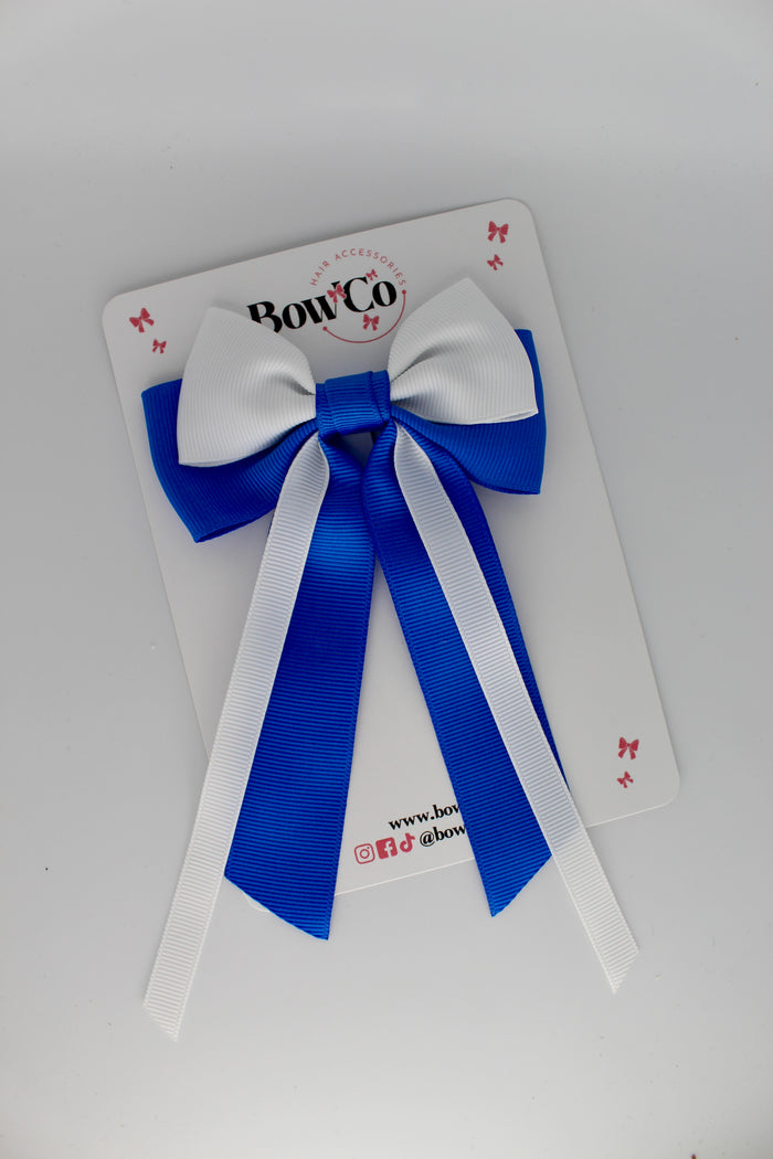School Bow Royal Blue and White Streamer Tail Bow - Clip