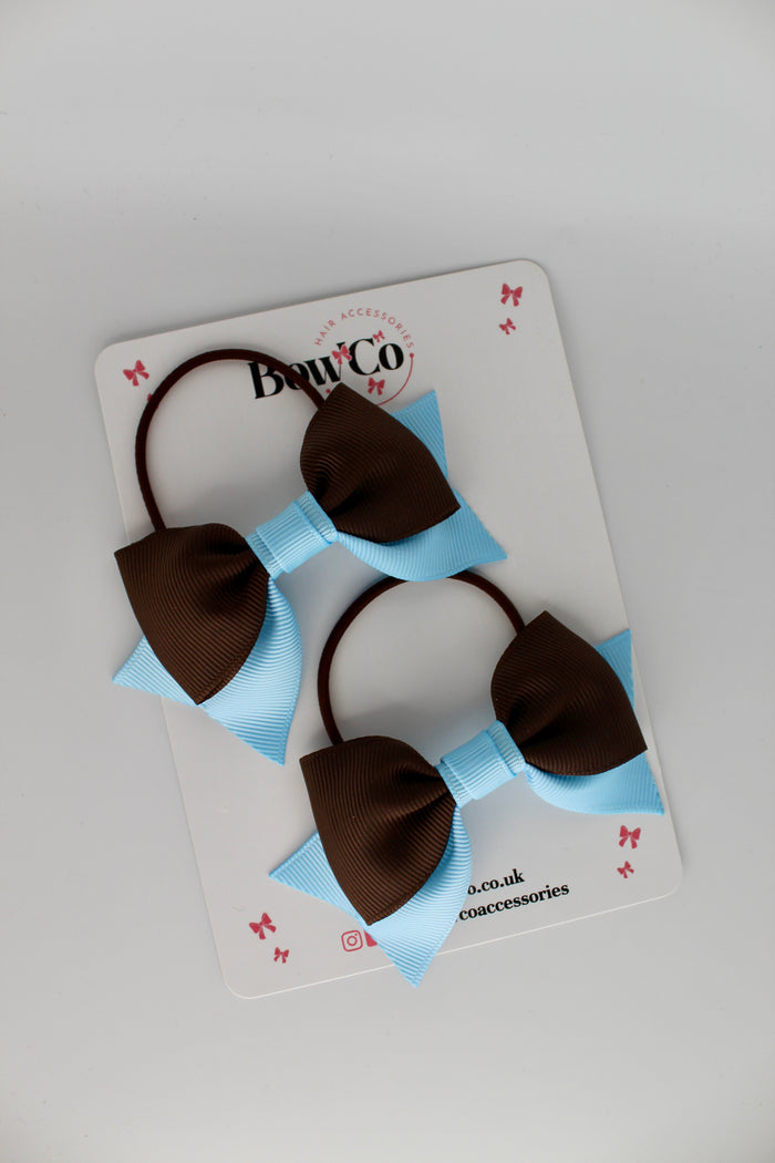 School Bows Blue Topaz and Brown - Bow Tail Set - Elastic