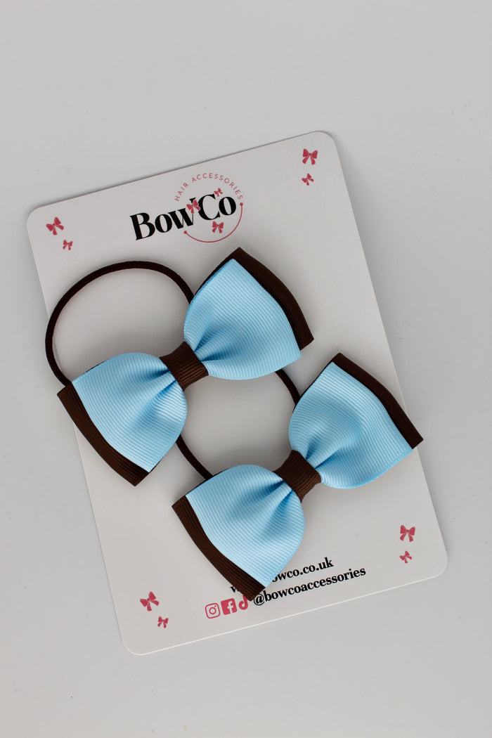 School Bows Blue Topaz and Brown - Double Lapel Set - Elastic