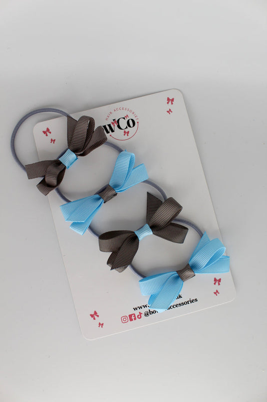 School Bows Blue Topaz and Metal Grey - Ballerina Bows - Set of 4 - Elastic