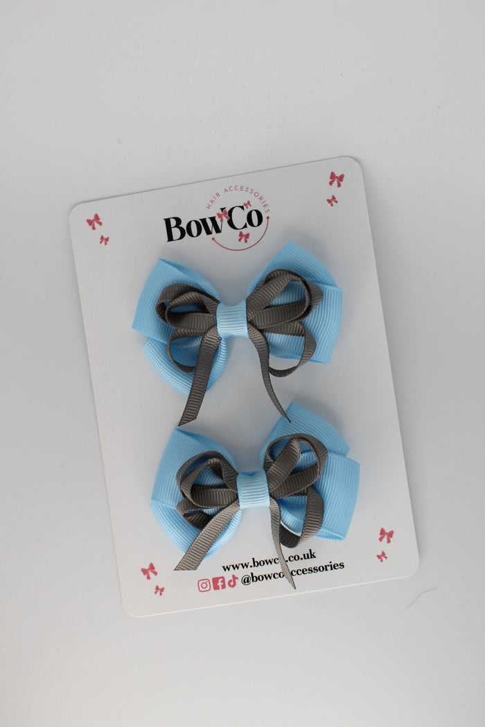 School Bows Blue Topaz and Metal Grey - Double Bow Set - Clip