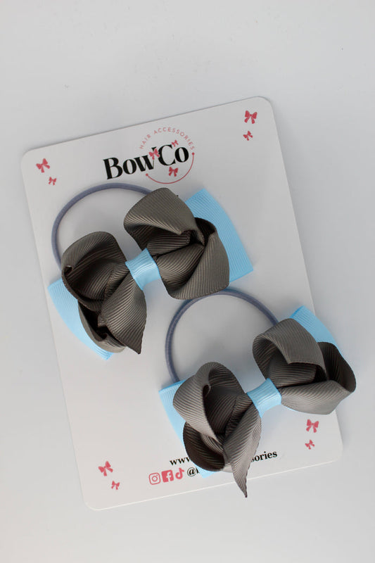 School Bows Blue Topaz and Metal Grey - Pleated Bow Set - Elastic