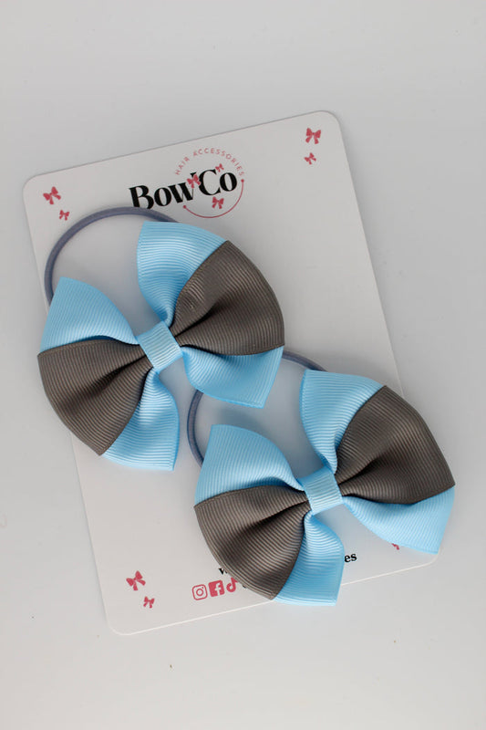 School Bows Blue Topaz and Metal Grey - Round Tuxedo Bow Set - Elastic