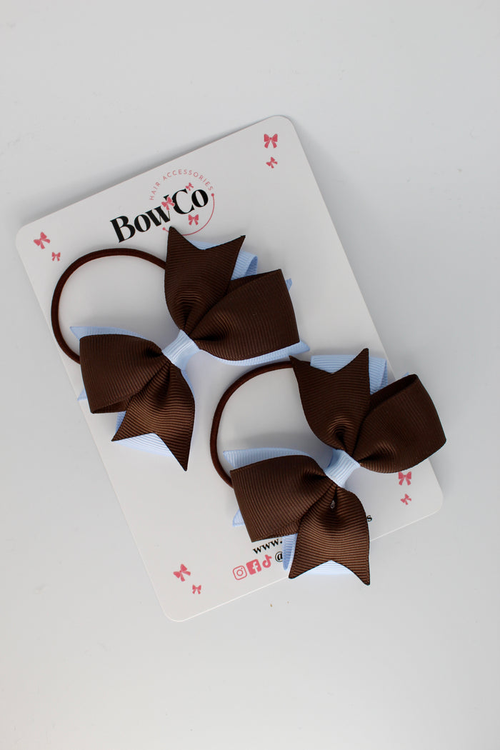 School Bows Bluebell and Brown - Layer Tail Bow Set - Elastic