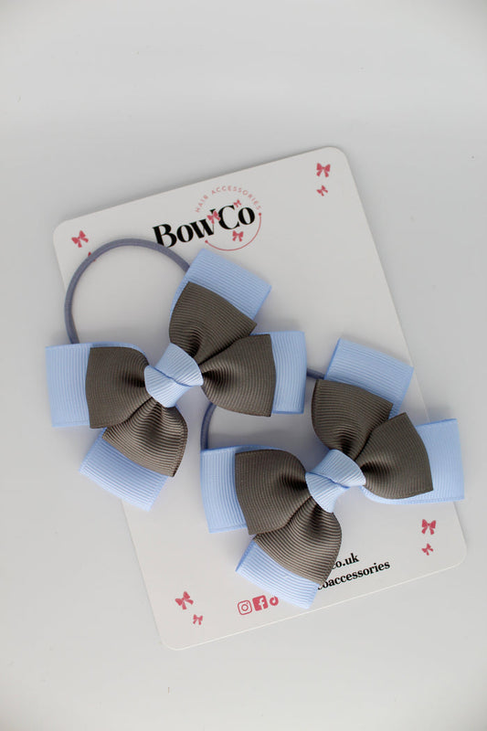 School Bows Bluebell and Metal Grey - Layer Bow Set - Elastic