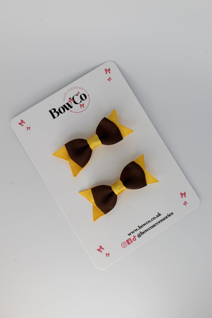 School Bows Brown and Yellow Gold - Layer Tail Bow Set - Clip