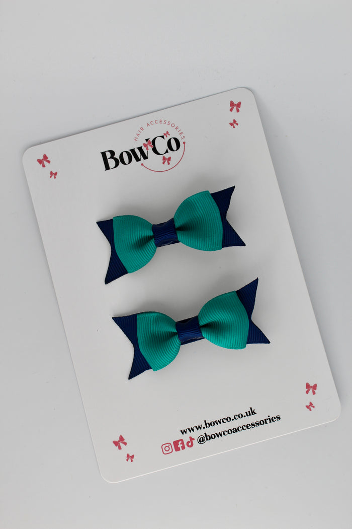 School Bows Jade Green and Navy Blue - Layer Tail Bow Set - Elastic