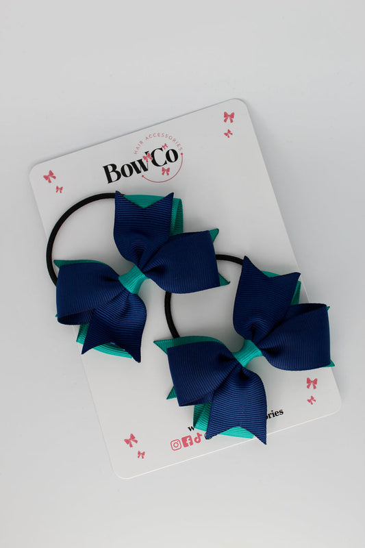 School Bows Jade Green and Navy Blue - Layer Tail Bow Set - Elastic