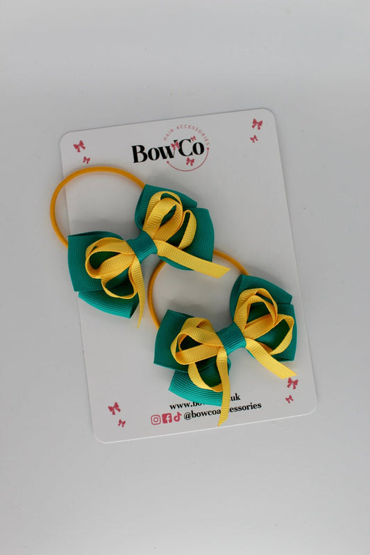 School Bows Jade Green and Yellow Gold - Double Bow Set - Elastic