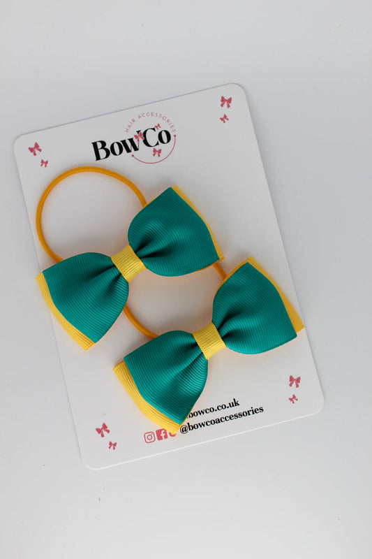 School Bows Jade Green and Yellow Gold - Double Lapel Bow Set - Elastic