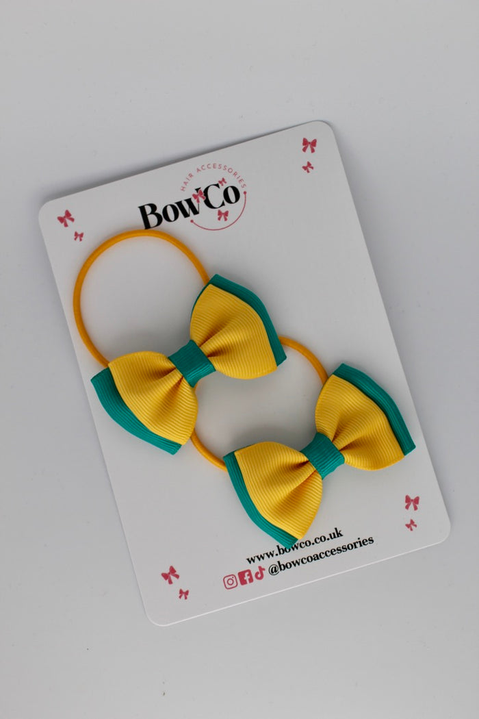 School Bows Jade Green and Yellow Gold - Double Ribbon Bow Set - Elastic
