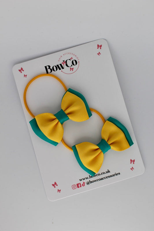 School Bows Jade Green and Yellow Gold - Double Ribbon Bow Set - Elastic