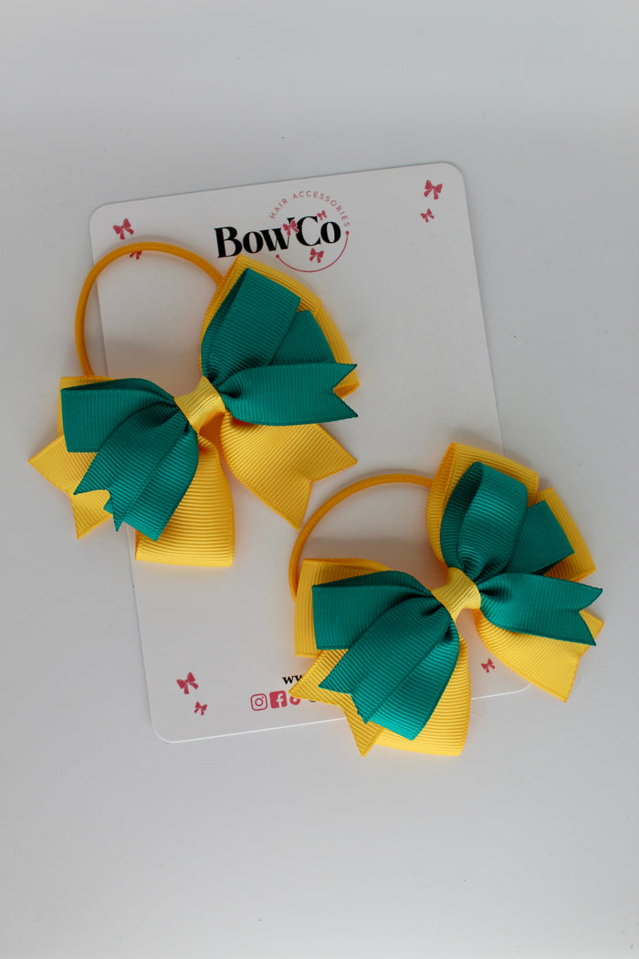 School Bows Jade Green and Yellow Gold - Double Tail Bow Set - Elastic