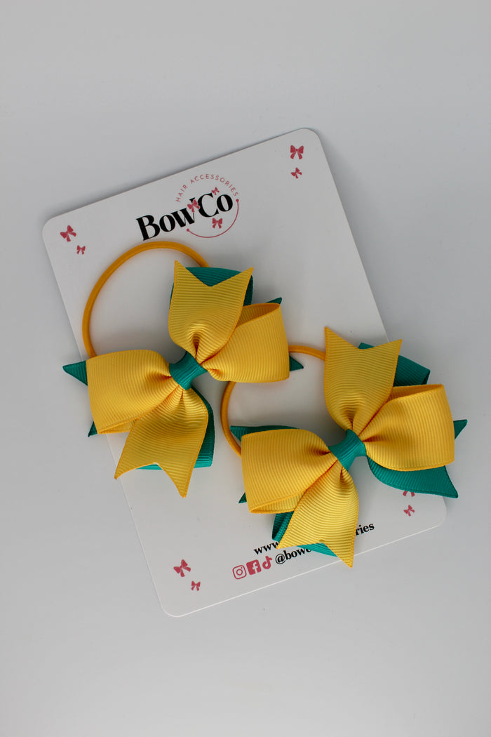 School Bows Jade Green and Yellow Gold - Layer Tail Bow Set - Elastic