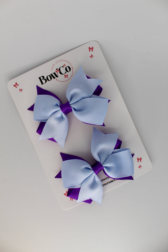 School Bows Purple and Bluebell - Double Tail Bow Set - Elastic