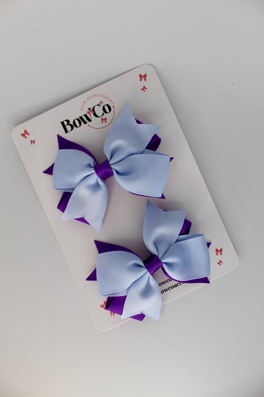 School Bows Purple and Bluebell - Double Tail Bow Set - Elastic