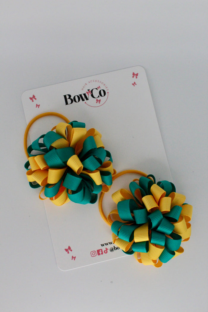 Schools Bows Jade Green and Yellow Gold - Pom Pom Bow Set