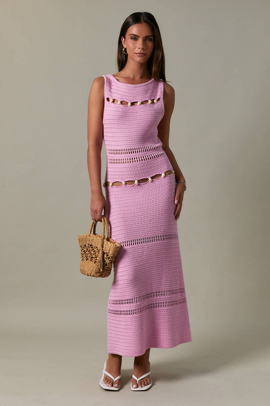 SEA SHELL DETAIL BOAT NECK CROCHET EFFECT SWEATER MIDI DRESS: Pink / XS