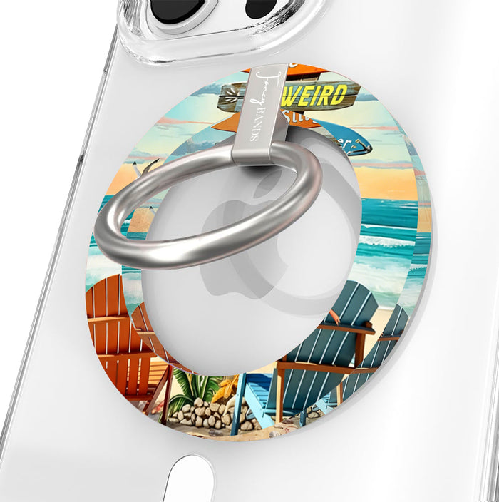 Seaside State of Mind MagSafe phone grip ring featuring Adirondack chairs on a tropical beach with ocean waves and sunset sky