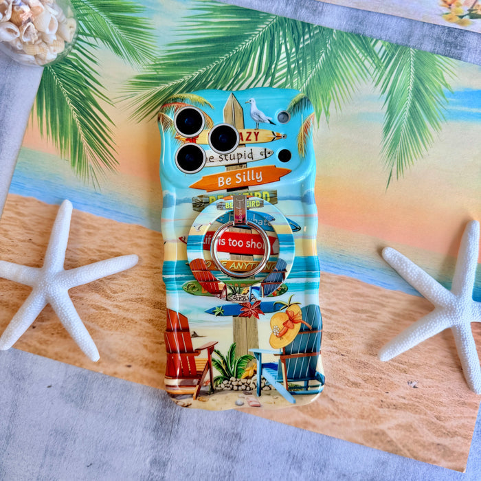 Seaside State of Mind MagSafe phone grip ring featuring Adirondack chairs on a tropical beach with ocean waves and sunset sky