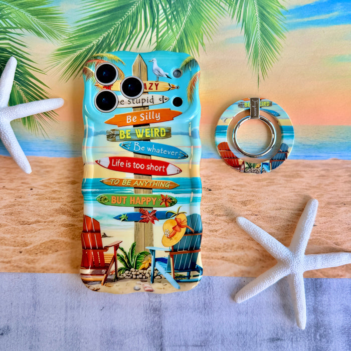 Seaside State of Mind MagSafe phone grip ring featuring Adirondack chairs on a tropical beach with ocean waves and sunset sky