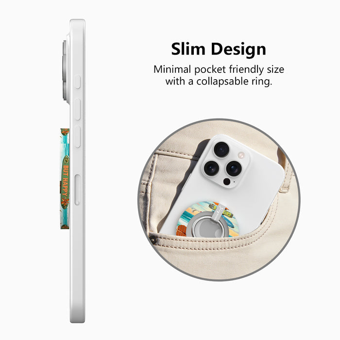 Seaside State of Mind MagSafe phone grip ring featuring Adirondack chairs on a tropical beach with ocean waves and sunset sky
