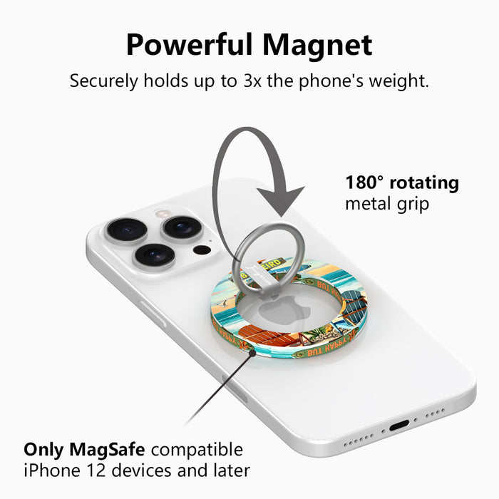 Seaside State of Mind MagSafe phone grip ring featuring Adirondack chairs on a tropical beach with ocean waves and sunset sky