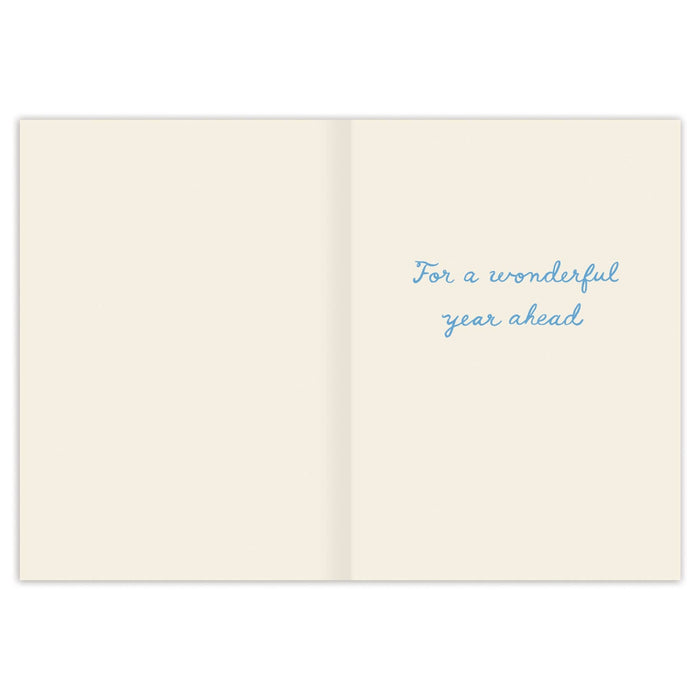 Open card with 'For a wonderful year ahead' text on a white background