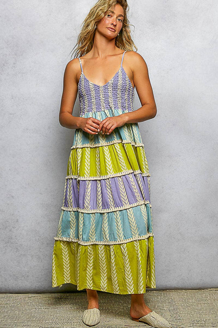 Shirred Ruffle Woven V-neck Sleeveless Dress: LAVENDER/BLUE MULTI