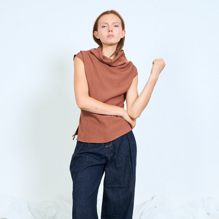 Sleeveless draped-neck top with structured shoulders wholesale
