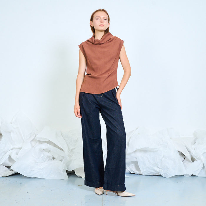 Sleeveless draped-neck top with structured shoulders wholesale